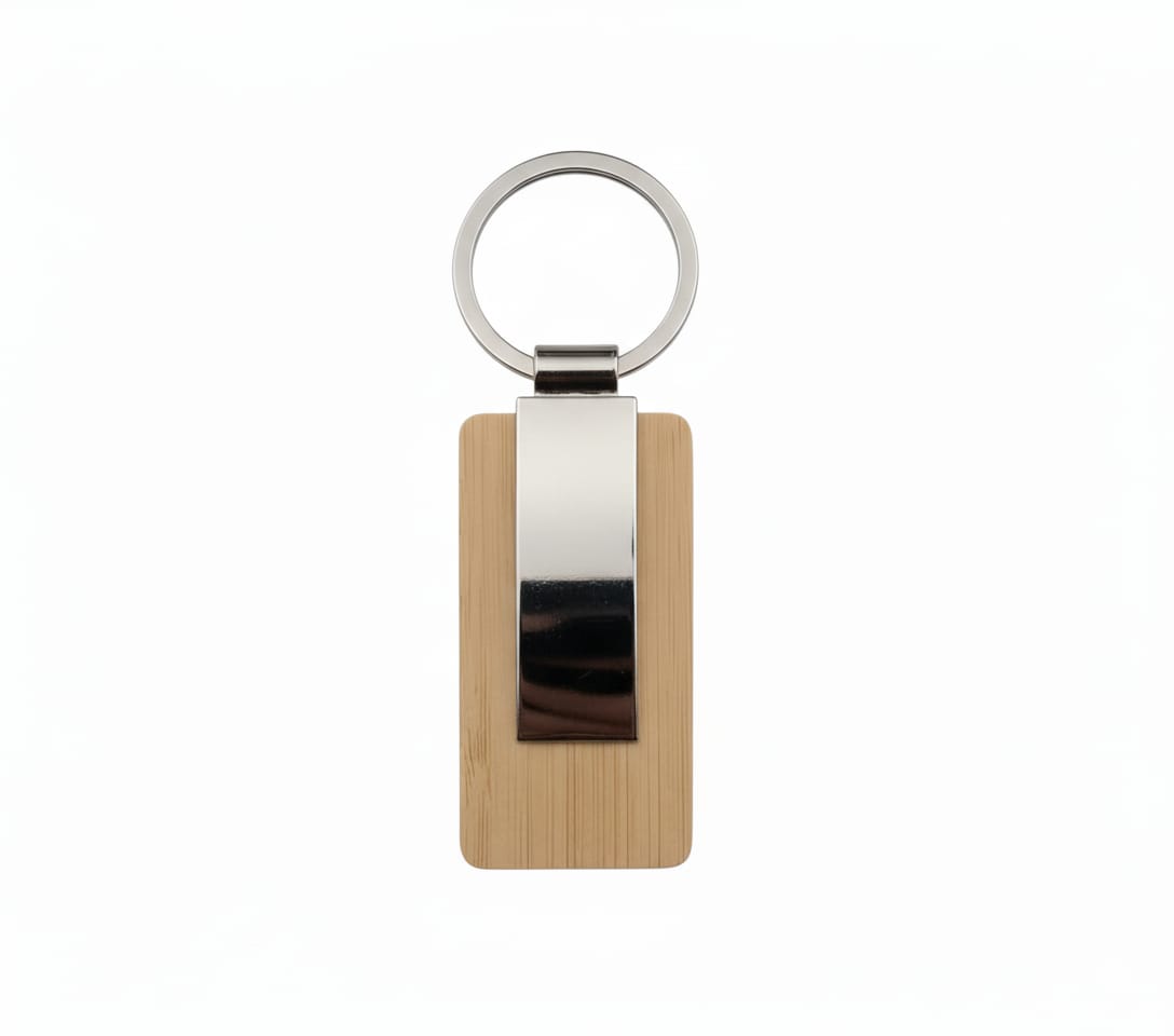 Rectangular Metal Part On Wood Keychain